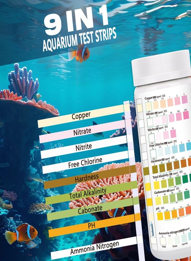 SaySummer Aquarium Test Strips for Fish Tank: 9 in 1 Aquarium Ammonia Test Strips for Fish Tank - 125 Counts Aquarium Water Test Kit Testing Ammonia Nitrogen, Copper, pH and More - Image 2